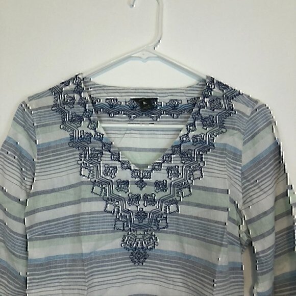 EDDIE BAUER Vista Point Embroidered Tunic White Navy Blue Striped 3/4 Sleeve S - Picture 3 of 9